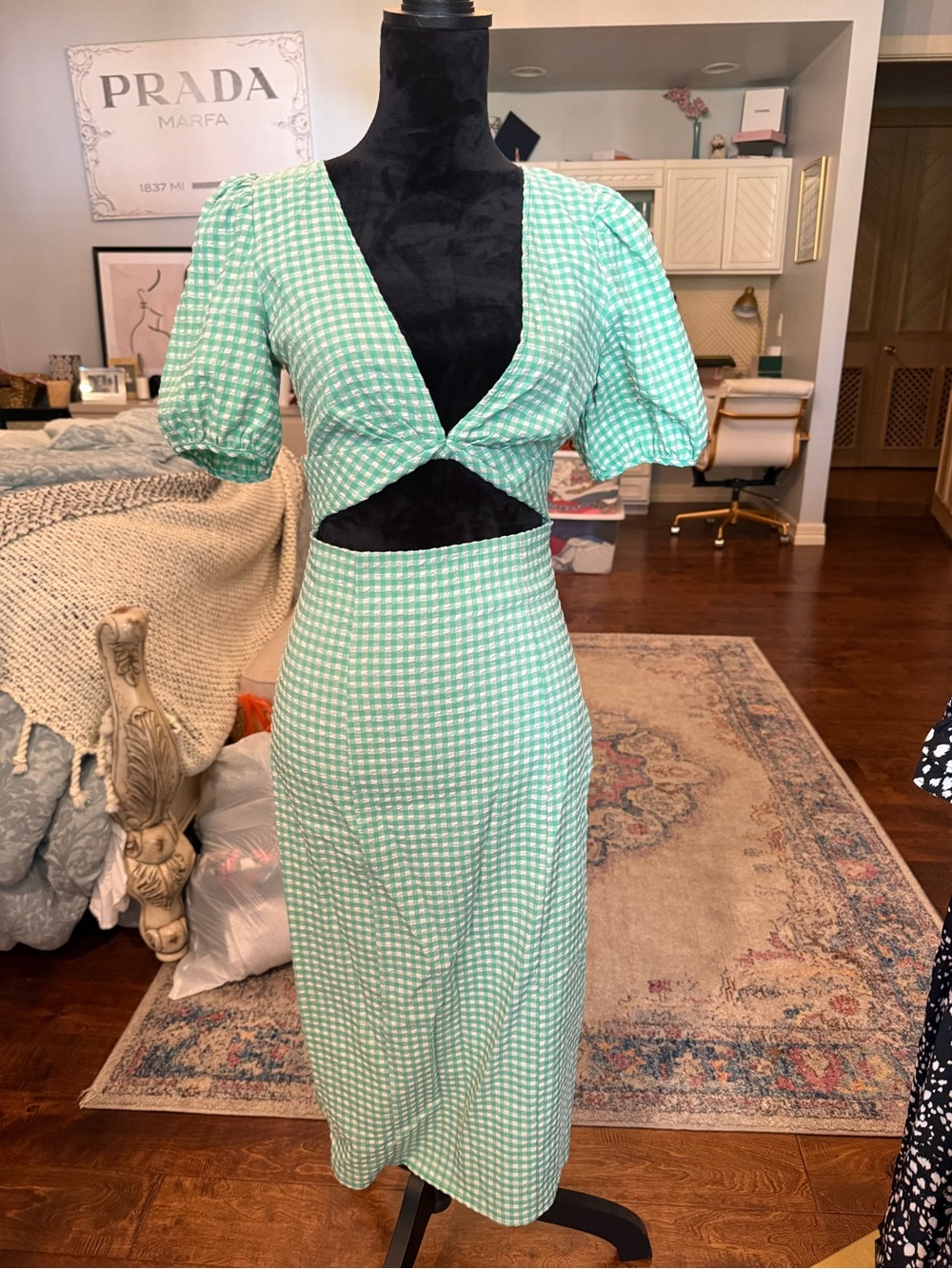 Green Gingham Cutout Midi Dress